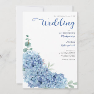 Invitation Mariage élégant calligraphie Hortensia Bleu Poussi