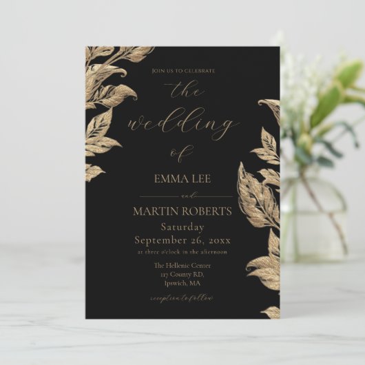 Invitation Mariage élégant calligraphie lis calla doré (Debout devant)