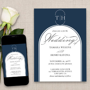 Invitation Mariage élégant calligraphié Monogramme bleu marin