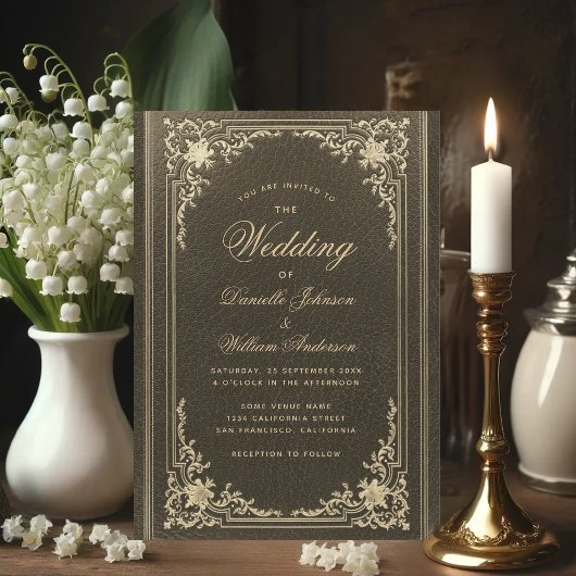 Invitation Mariage élégant calligraphie noir or vintage