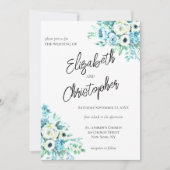 Invitation Mariage Élégant Calligraphie Script Floral Bleu (Devant)