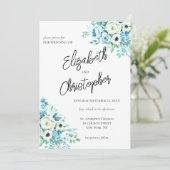 Invitation Mariage Élégant Calligraphie Script Floral Bleu (Debout devant)