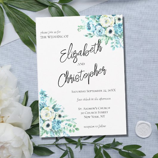 Invitation Mariage Élégant Calligraphie Script Floral Bleu