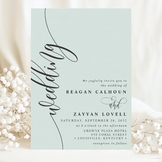 Invitation Mariage Élégant Calligraphie Script Pastel Mint
