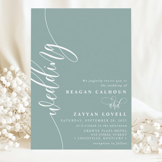 Invitation Mariage élégant calligraphie script sarcelle pouss