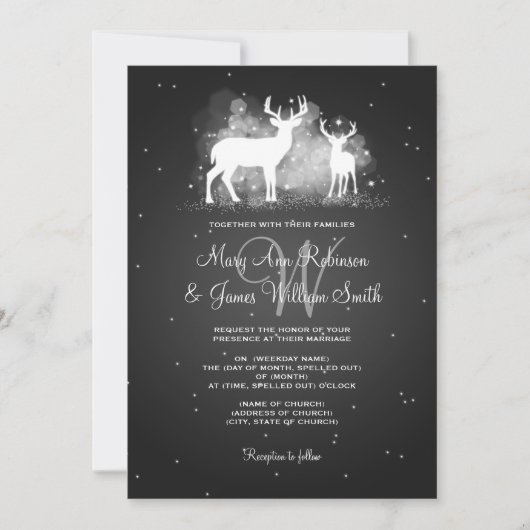 Invitation Mariage élégant Cerf d'hiver Sparkle Noir (Devant)
