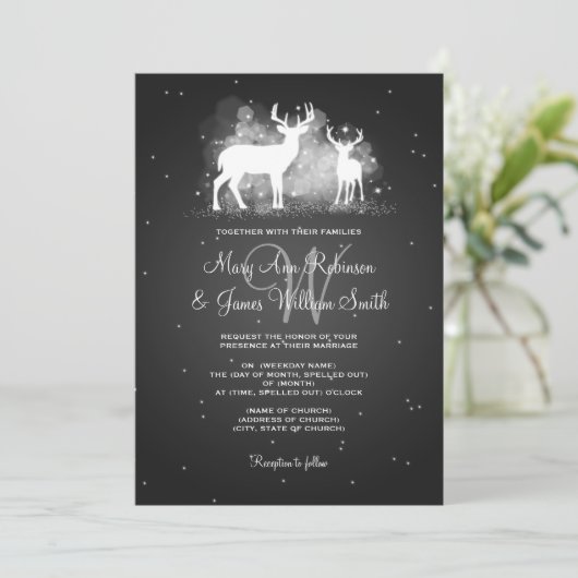 Invitation Mariage élégant Cerf d'hiver Sparkle Noir (Debout devant)
