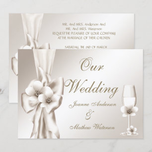 Invitation Mariage Élégant Champagne Floral Crème Nœud
