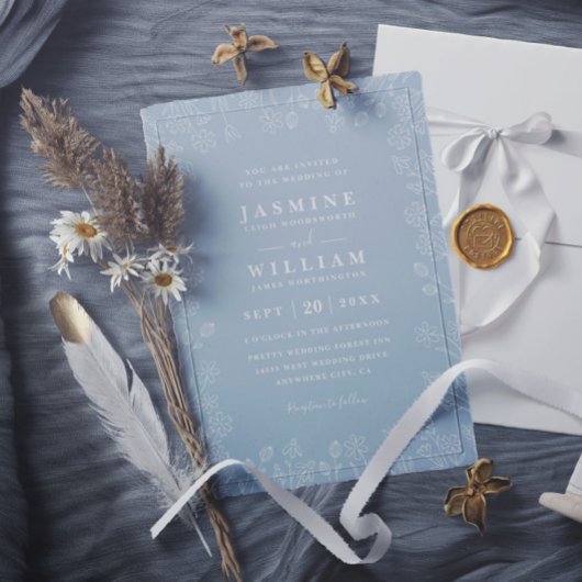 Invitation Mariage élégant chic à code QR floral blanc et ble