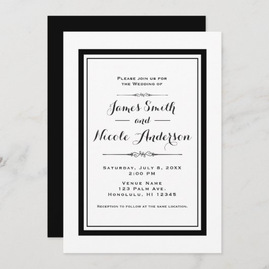 Invitation Mariage élégant chic couture blanc et noir (Devant / Derrière)