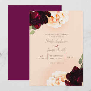 Invitation Mariage Élégant Chic Fleur Foncé Marsala Pêche