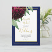 Invitation Mariage élégant chic floral Bourgogne Navy Or (Debout devant)