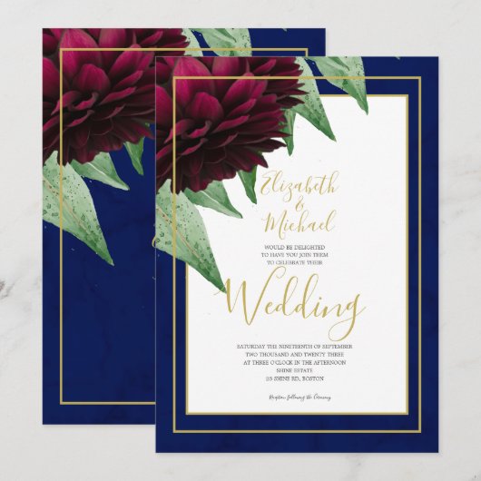 Invitation Mariage élégant chic floral Bourgogne Navy Or (Devant / Derrière)
