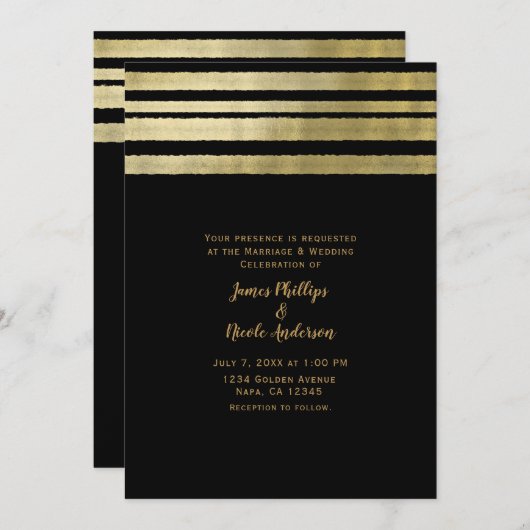Invitation Mariage élégant chic moderne or et noir (Devant / Derrière)