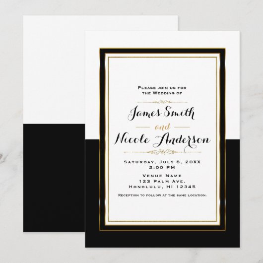 Invitation Mariage élégant chic moitié noir blanc et or (Devant / Derrière)