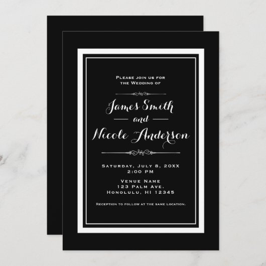 Invitation Mariage élégant chic noir et blanc couture (Devant / Derrière)