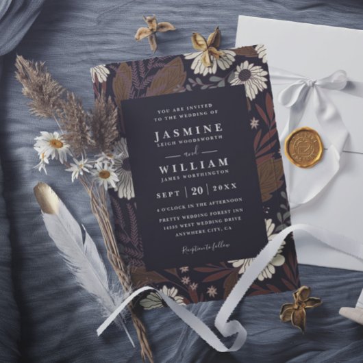 Invitation Mariage Élégant Chic Rustique Fleurs de Forêt Bohè