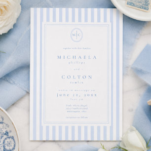 Invitation Mariage Élégant Classique à Rayures Bleues et Mono