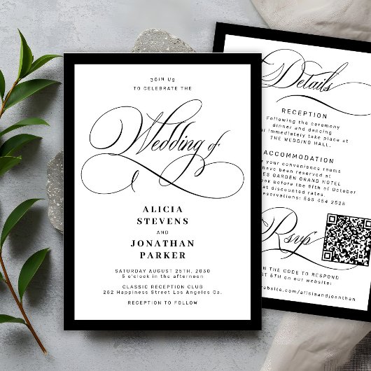 Invitation Mariage élégant classique avec QR code en calligra