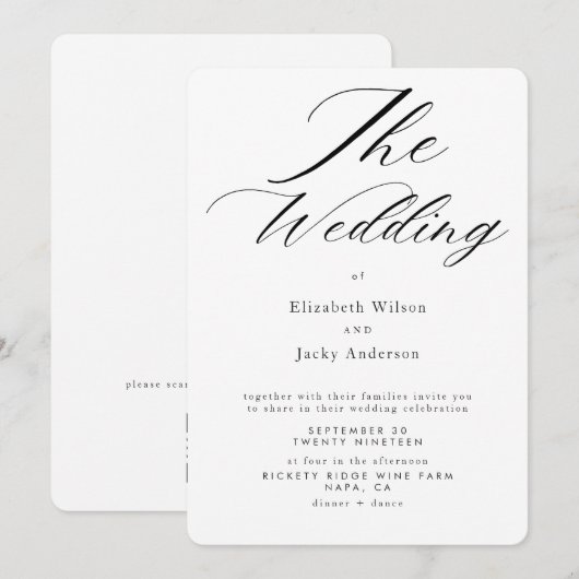 Invitation Mariage élégant classique avec QR code noir et bla (Devant / Derrière)