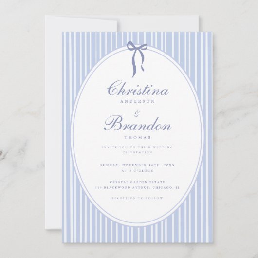 Invitation Mariage élégant classique avec ruban bleu rayé (Devant)