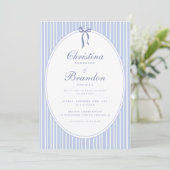 Invitation Mariage élégant classique avec ruban bleu rayé (Debout devant)