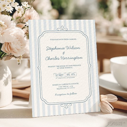 Invitation Mariage élégant classique bleu beige rayé