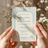 Invitation Mariage élégant classique bleu beige rayé