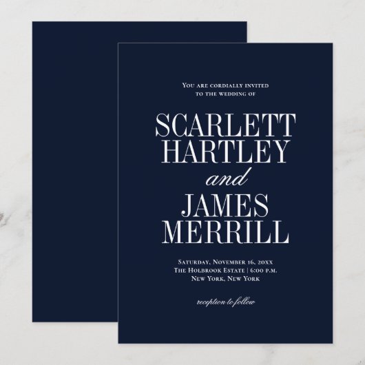 Invitation Mariage élégant classique bleu marine (Devant / Derrière)