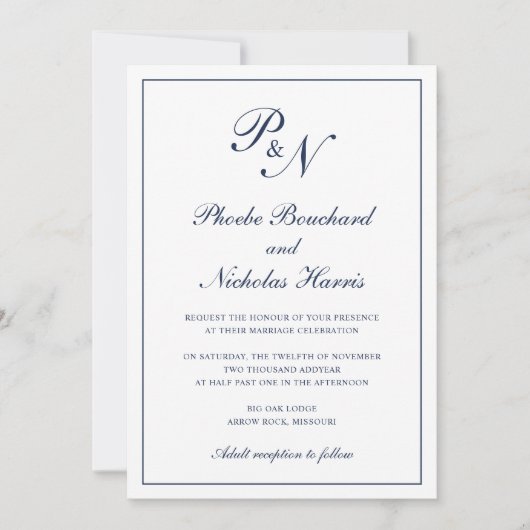 Invitation Mariage Élégant Classique Bleu Marine (Devant)