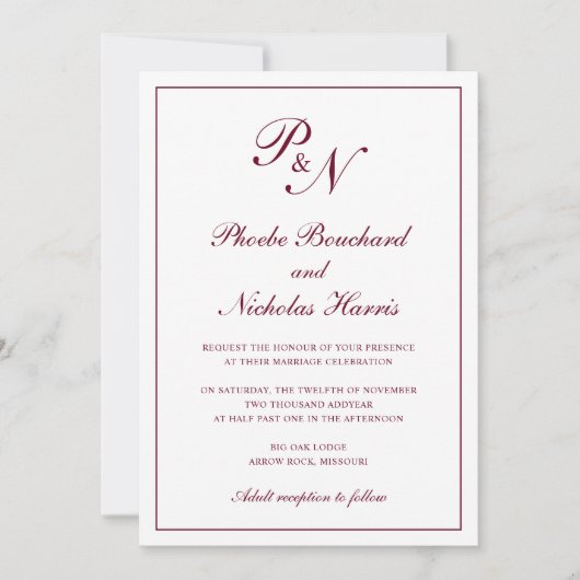Invitation Mariage Élégant Classique Bourgogne (Devant)