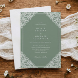 Invitation Mariage Élégant Classique Broderie Anglaise Sage