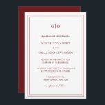 Invitation Mariage élégant classique en Bourgogne<br><div class="desc">Vin de style classique / faire-part de mariage bordeaux avec un design simple et minimal avec votre monogramme en haut et vos détails de l'événement entouré d'une double bordure. Les fontes alternent entre un script élégant, une fonte serif traditionnelle et minimaliste sans serif. Cette invitation est idéale pour un mariage...</div>