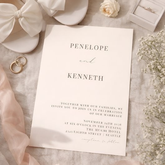 Invitation Mariage Élégant Classique Ivoire Noir Script