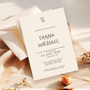 Invitation Mariage Élégant Classique Monogramme Noir & Ivoire