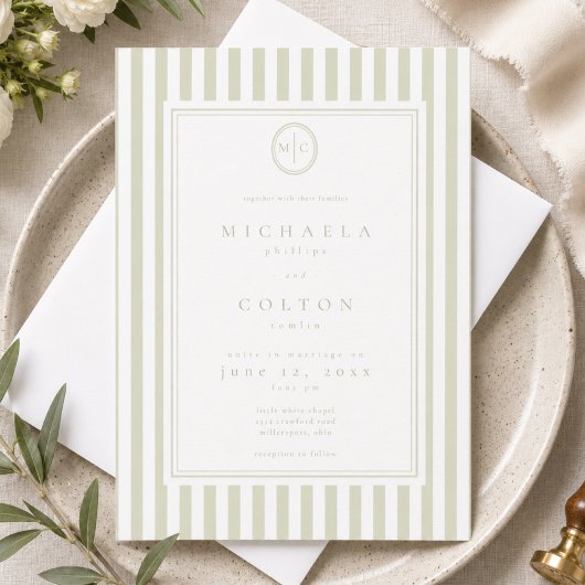 Invitation Mariage Élégant Classique Monogramme Rayure Vert S