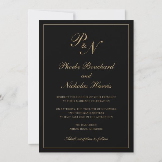 Invitation Mariage élégant classique noir et or (Devant)