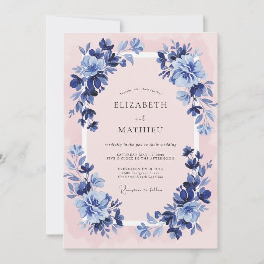 Invitation Mariage Élégant Classique Rose Navy (Devant)