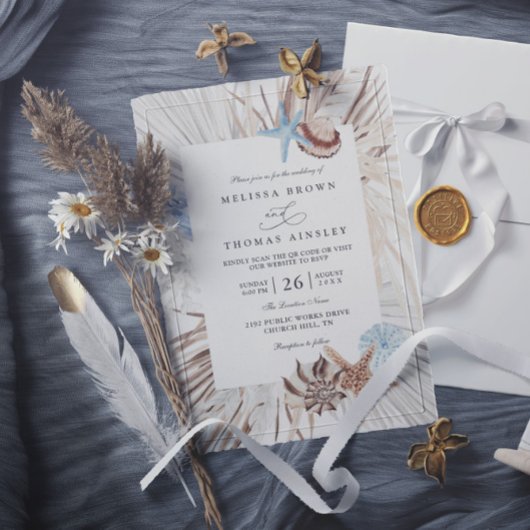 Invitation Mariage élégant code QR aquarelle mer plage bohème