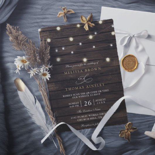 Invitation Mariage Élégant Code QR Bois de Grange Chic Rustiq