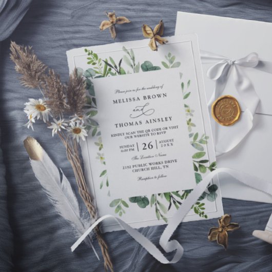 Invitation Mariage Élégant Code QR Botanique Rustique Verdure