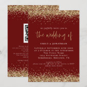 Invitation Mariage élégant code QR Bourgogne doré pailleté (Devant / Derrière)