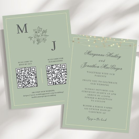 Invitation Mariage Élégant Code QR Dusty Sage