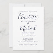 Invitation Mariage élégant code QR en écriture Navy Blue (Devant)