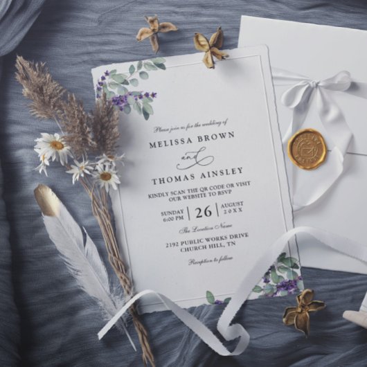 Invitation Mariage Élégant Code QR Floral Moderne Lavande