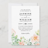 Invitation Mariage Élégant Code QR Floral Pêche et Verdure (Devant)