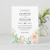 Invitation Mariage Élégant Code QR Floral Pêche et Verdure (Debout devant)