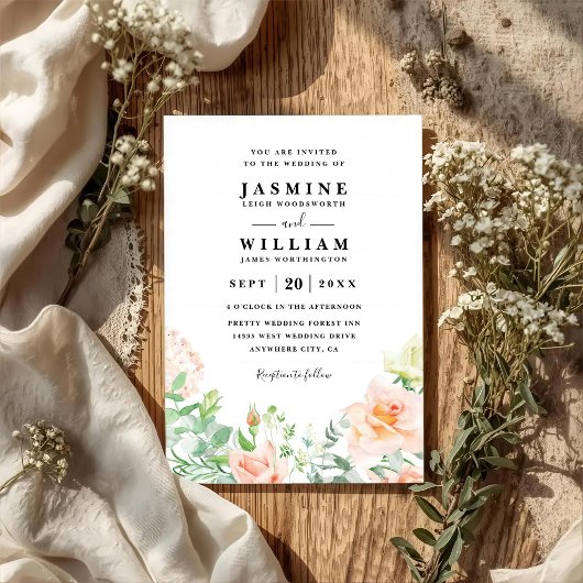 Invitation Mariage Élégant Code QR Floral Pêche et Verdure