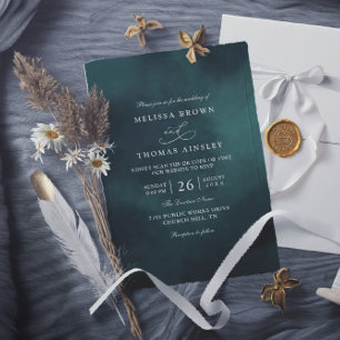 Invitation Mariage élégant code QR monogramme vert émeraude