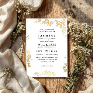 Invitation Mariage Élégant Code QR Or Rustique Fleurs Dentell